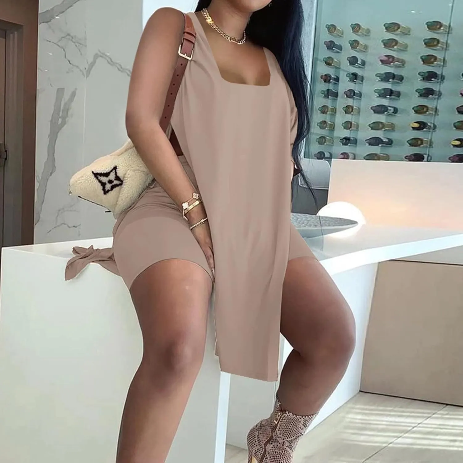 AXOSY Women's Plus Size 2 Piece Outfits Sleeveless Tunic Tops and Bodycon Biker Shorts Sets Tracksuits