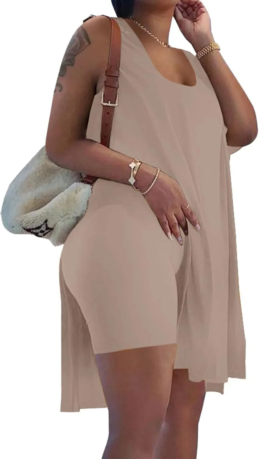 AXOSY Women's Plus Size 2 Piece Outfits Sleeveless Tunic Tops and Bodycon Biker Shorts Sets Tracksuits