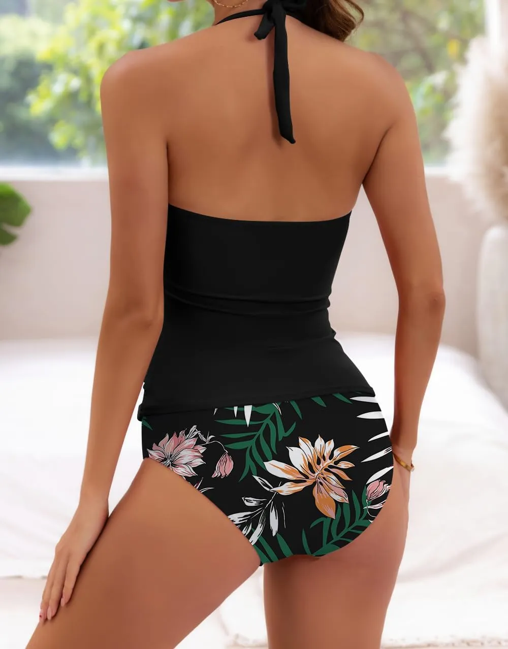 B2prity Halter Tankini Swimsuit for Women Tummy Control Two Piece Bathing Suit V Neck Swimwear with Shorts