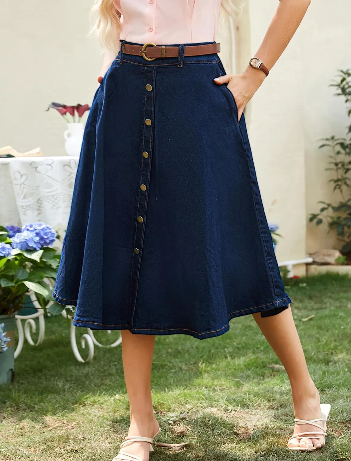 Belle Poque Women's Denim Skirts Vintage Below Knee Length High Waist A-Line Jean Skirts with Pockets
