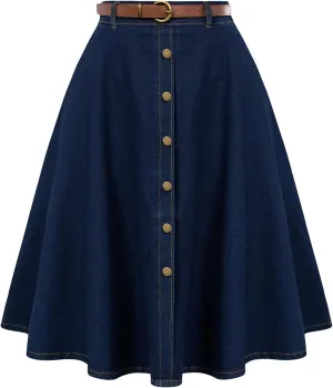 Belle Poque Women's Denim Skirts Vintage Below Knee Length High Waist A-Line Jean Skirts with Pockets