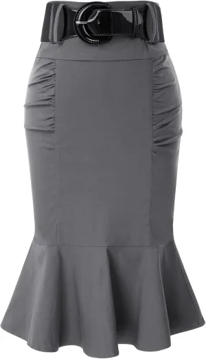 Belle Poque Womens High Waisted Peplum Midi Pencil Skirt Work Business Skirts with Belt