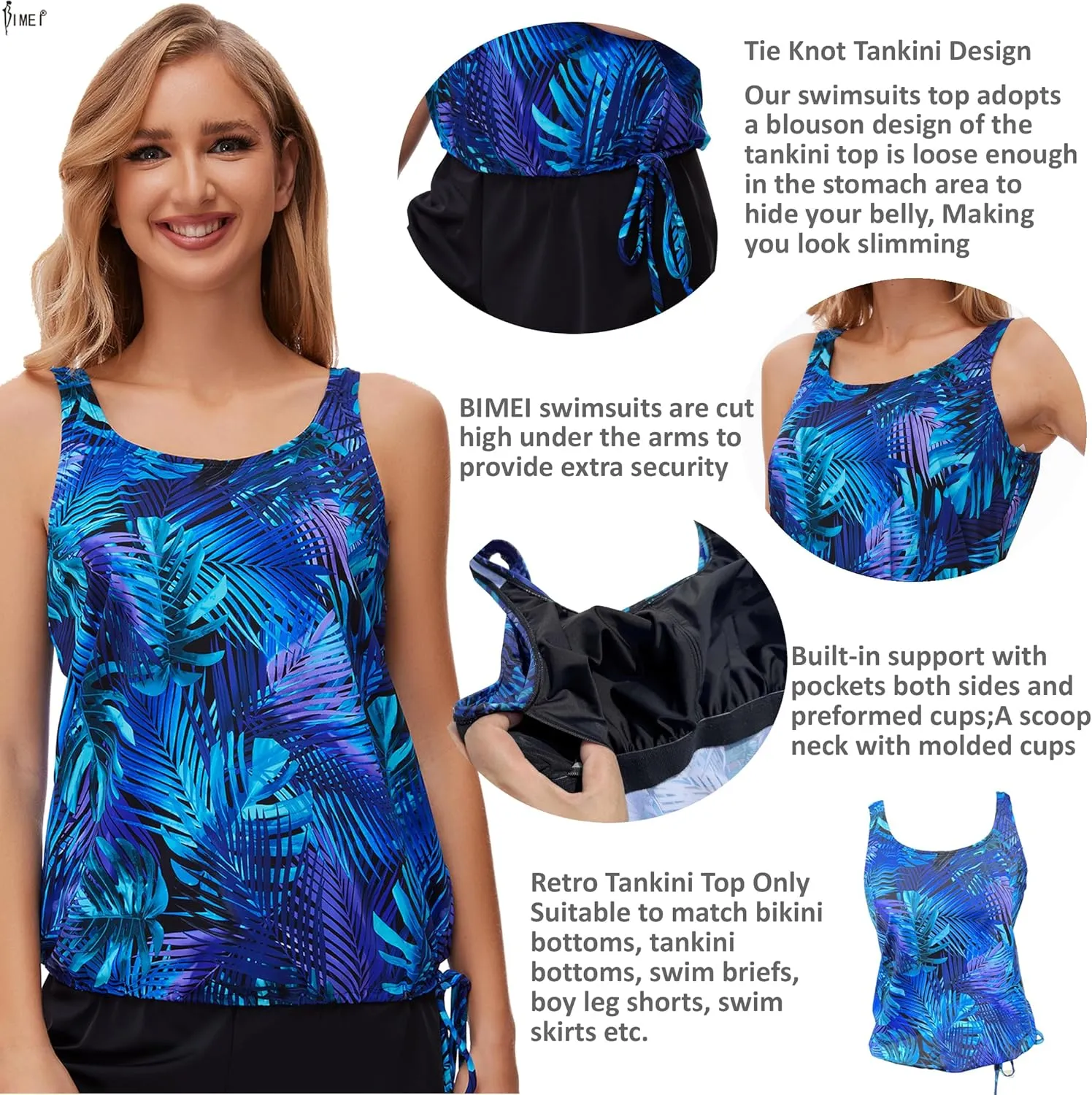 BIMEI Women's Mastectomy Tankini Top Swimsuit Pocketed Swimwear Side Tie High Neck Bathing Swim Tops,238