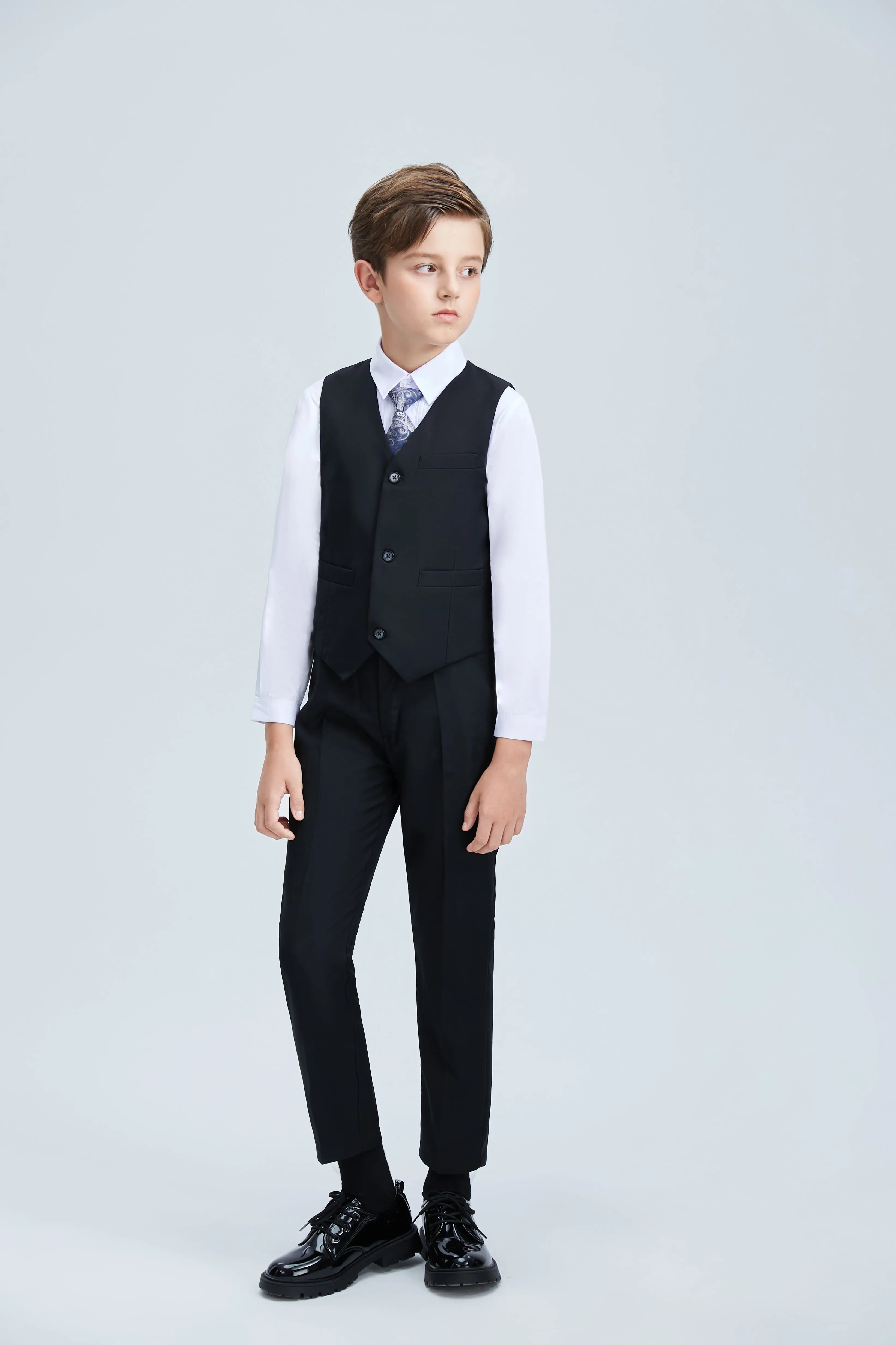 Black Fit Slim 4 Piece Boy's Formal Suits With Vest Pants Shirt Tie