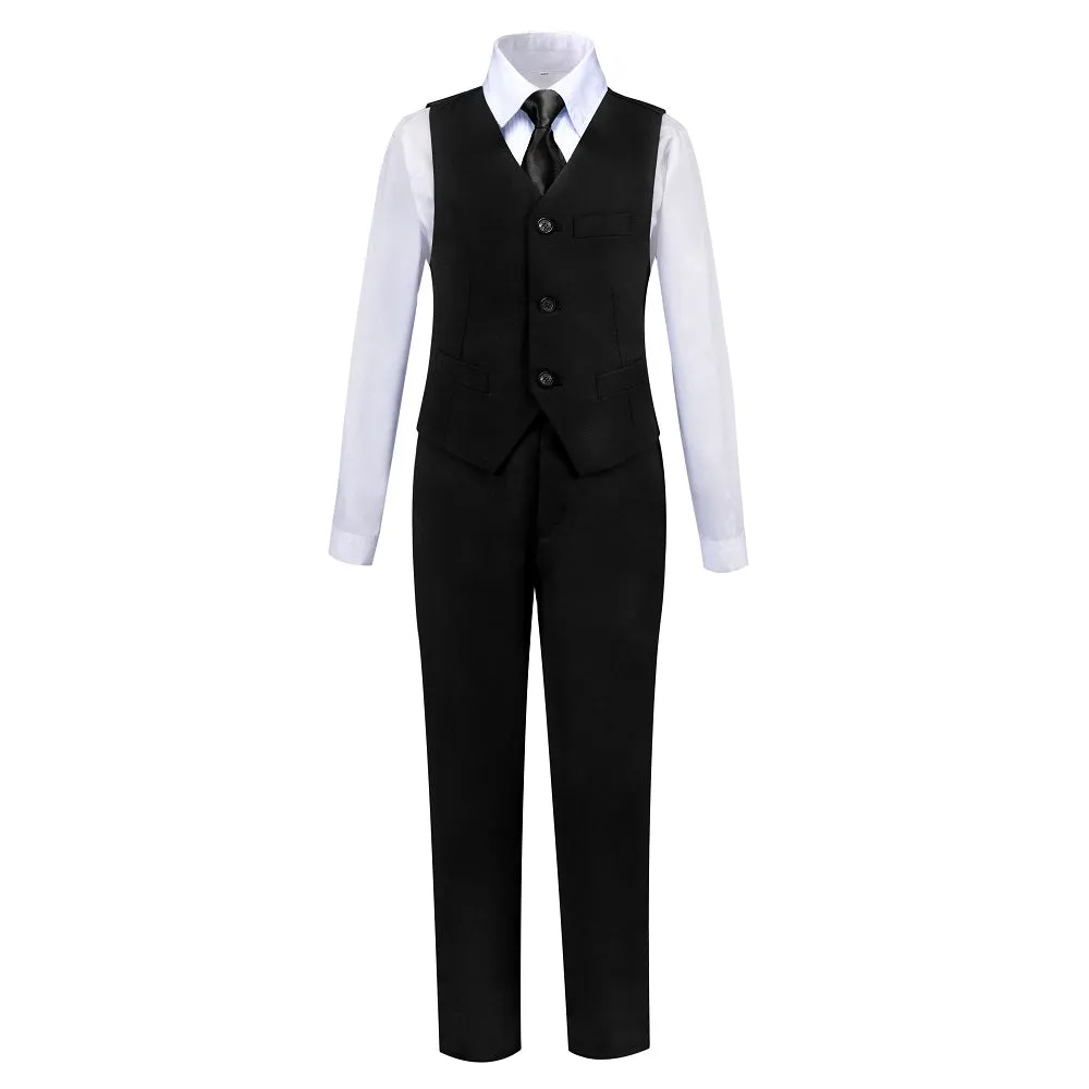 Black Fit Slim 4 Piece Boy's Formal Suits With Vest Pants Shirt Tie