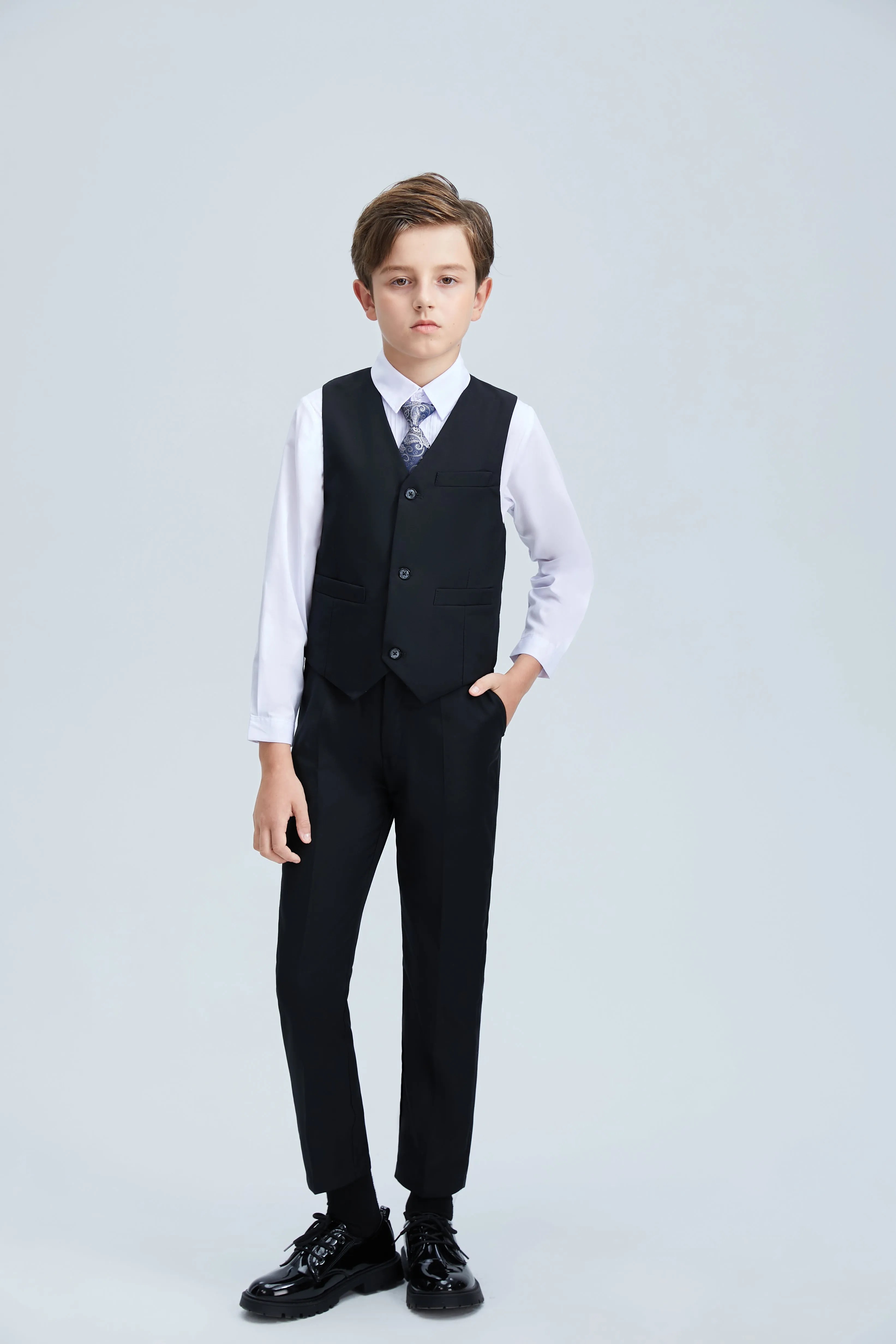 Black Fit Slim 4 Piece Boy's Formal Suits With Vest Pants Shirt Tie