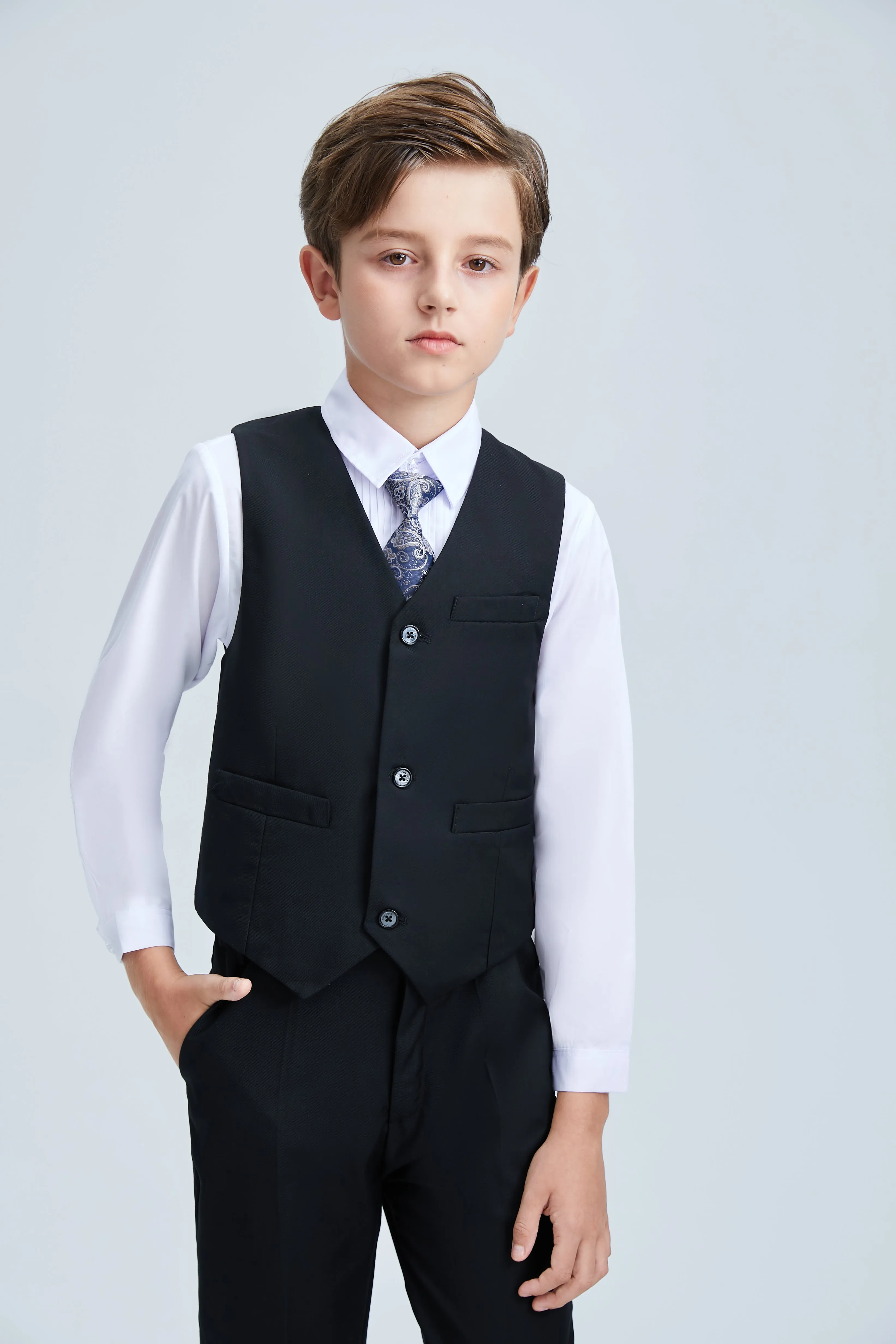 Black Fit Slim 4 Piece Boy's Formal Suits With Vest Pants Shirt Tie