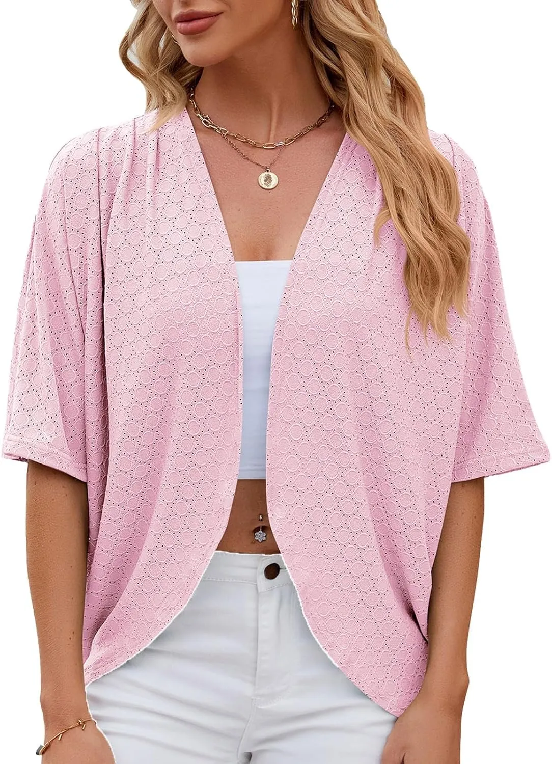 Blostirno Women's Short Sleeve Bolero Shrug Lightweight Open Front Draped V Neck Hollow Out Cardigan Tops