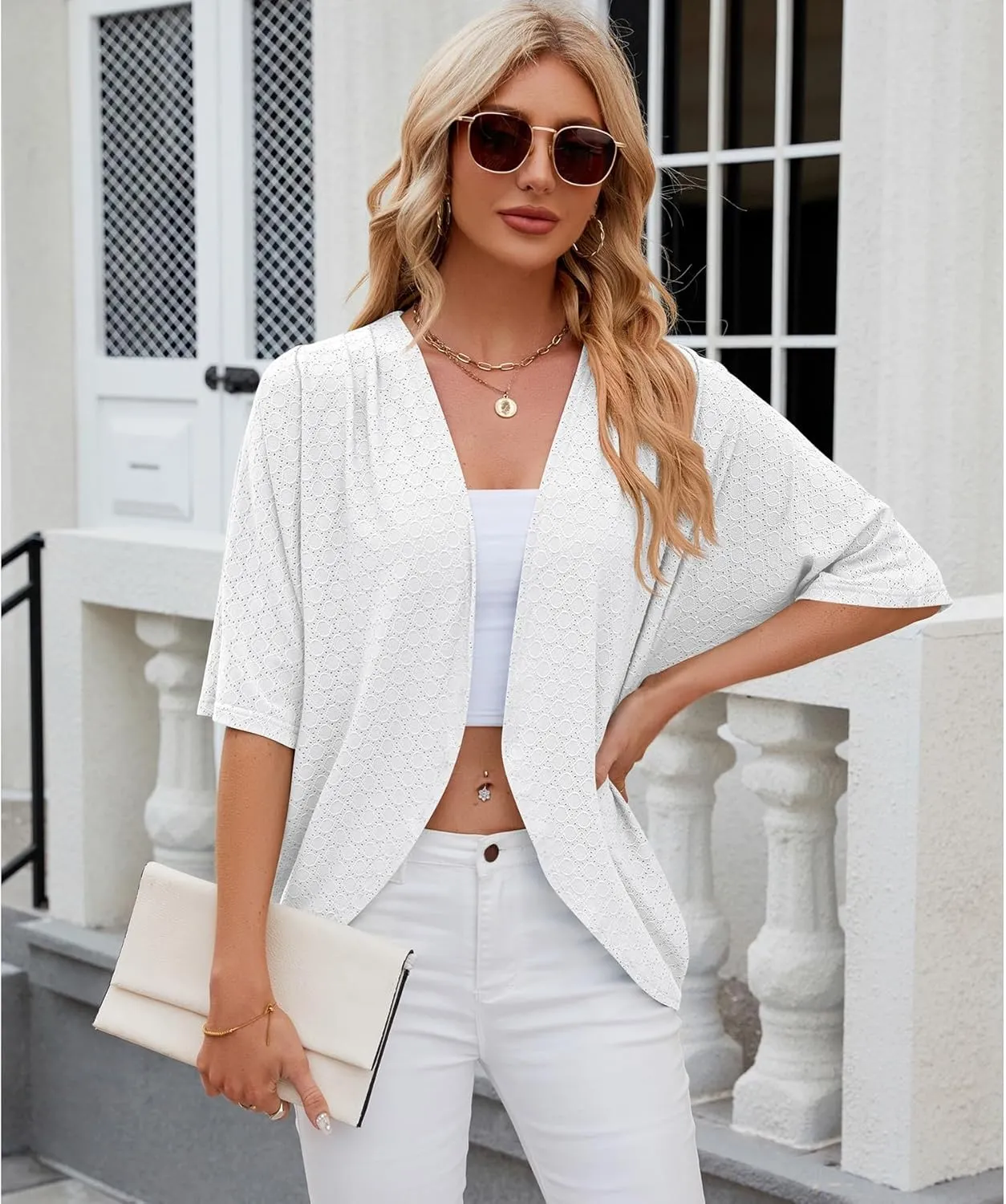 Blostirno Women's Short Sleeve Bolero Shrug Lightweight Open Front Draped V Neck Hollow Out Cardigan Tops