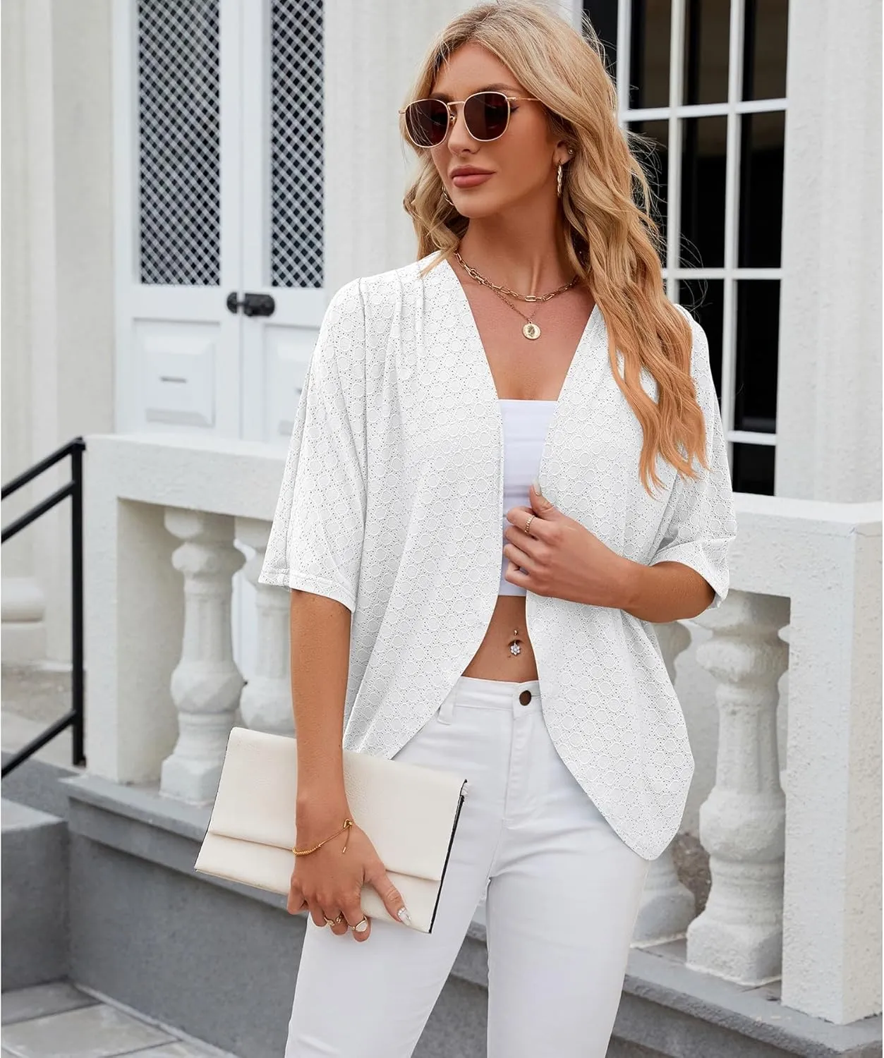 Blostirno Women's Short Sleeve Bolero Shrug Lightweight Open Front Draped V Neck Hollow Out Cardigan Tops