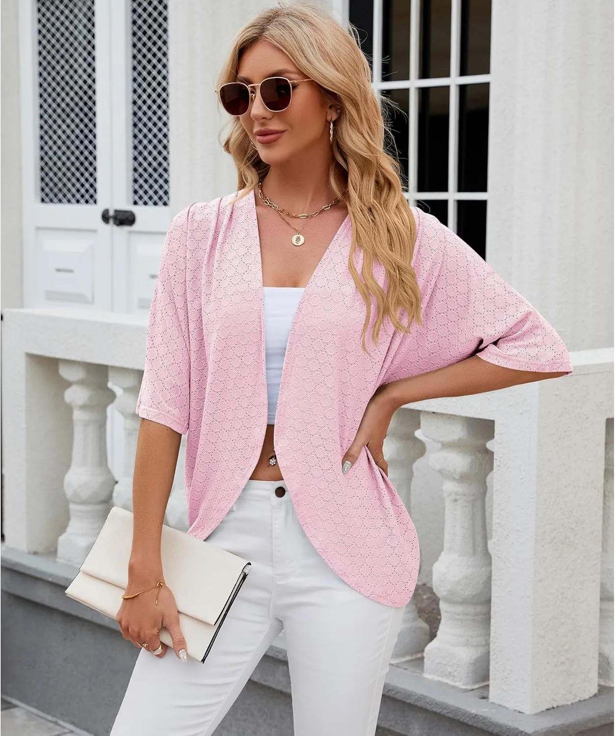 Blostirno Women's Short Sleeve Bolero Shrug Lightweight Open Front Draped V Neck Hollow Out Cardigan Tops