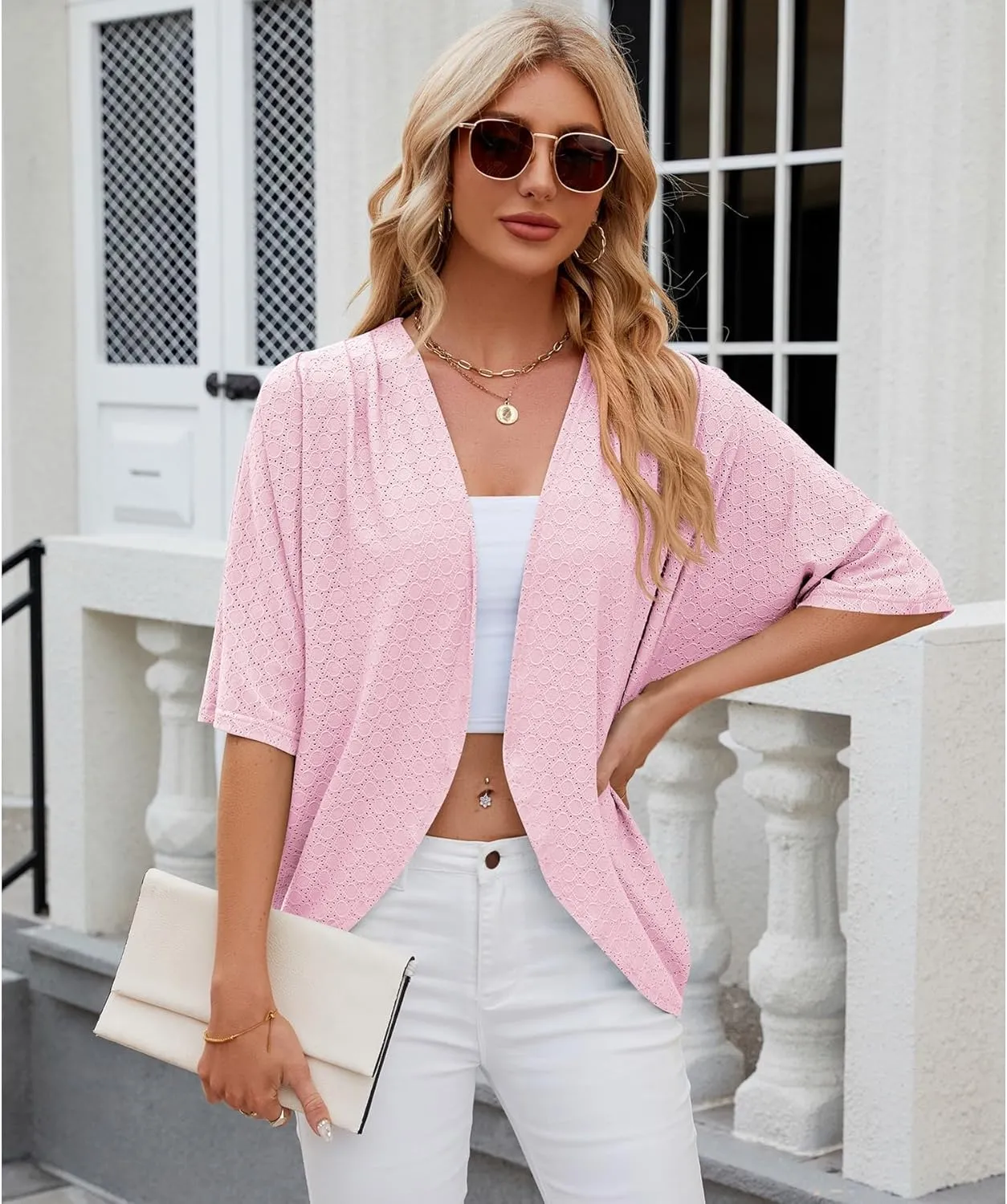 Blostirno Women's Short Sleeve Bolero Shrug Lightweight Open Front Draped V Neck Hollow Out Cardigan Tops