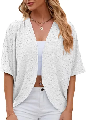 Blostirno Women's Short Sleeve Bolero Shrug Lightweight Open Front Draped V Neck Hollow Out Cardigan Tops