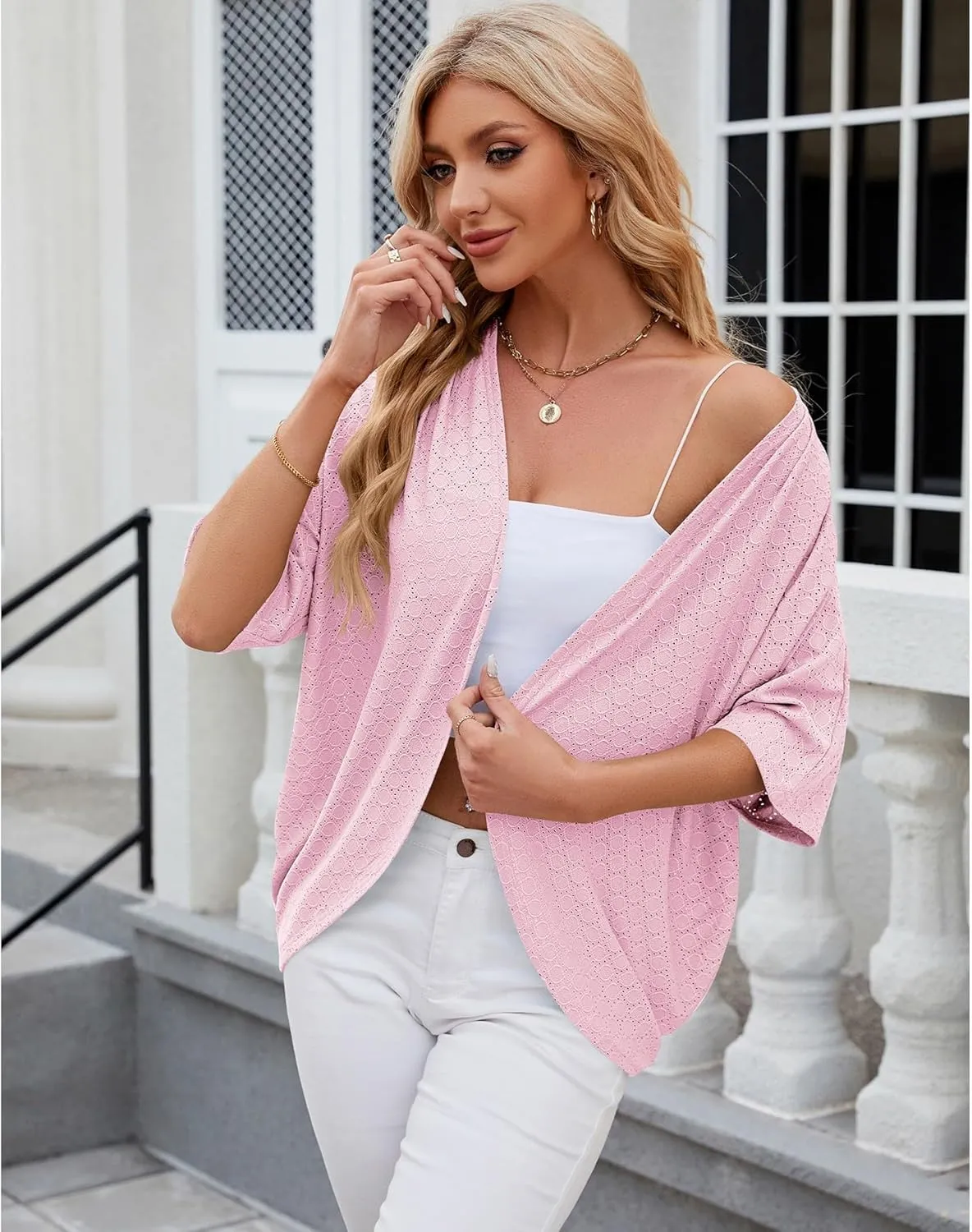 Blostirno Women's Short Sleeve Bolero Shrug Lightweight Open Front Draped V Neck Hollow Out Cardigan Tops