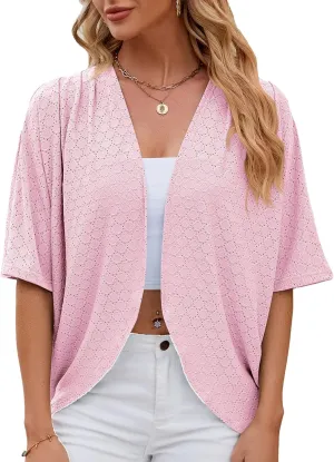 Blostirno Women's Short Sleeve Bolero Shrug Lightweight Open Front Draped V Neck Hollow Out Cardigan Tops