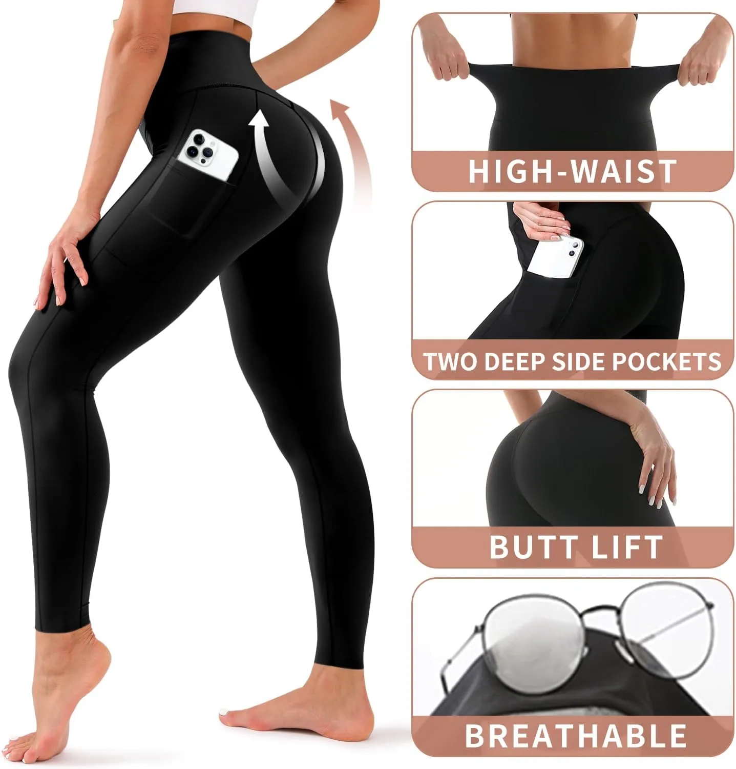 BLUEENJOY 3 Pack Leggings with Pockets for Women,High Waisted Tummy Control Workout Yoga Pants