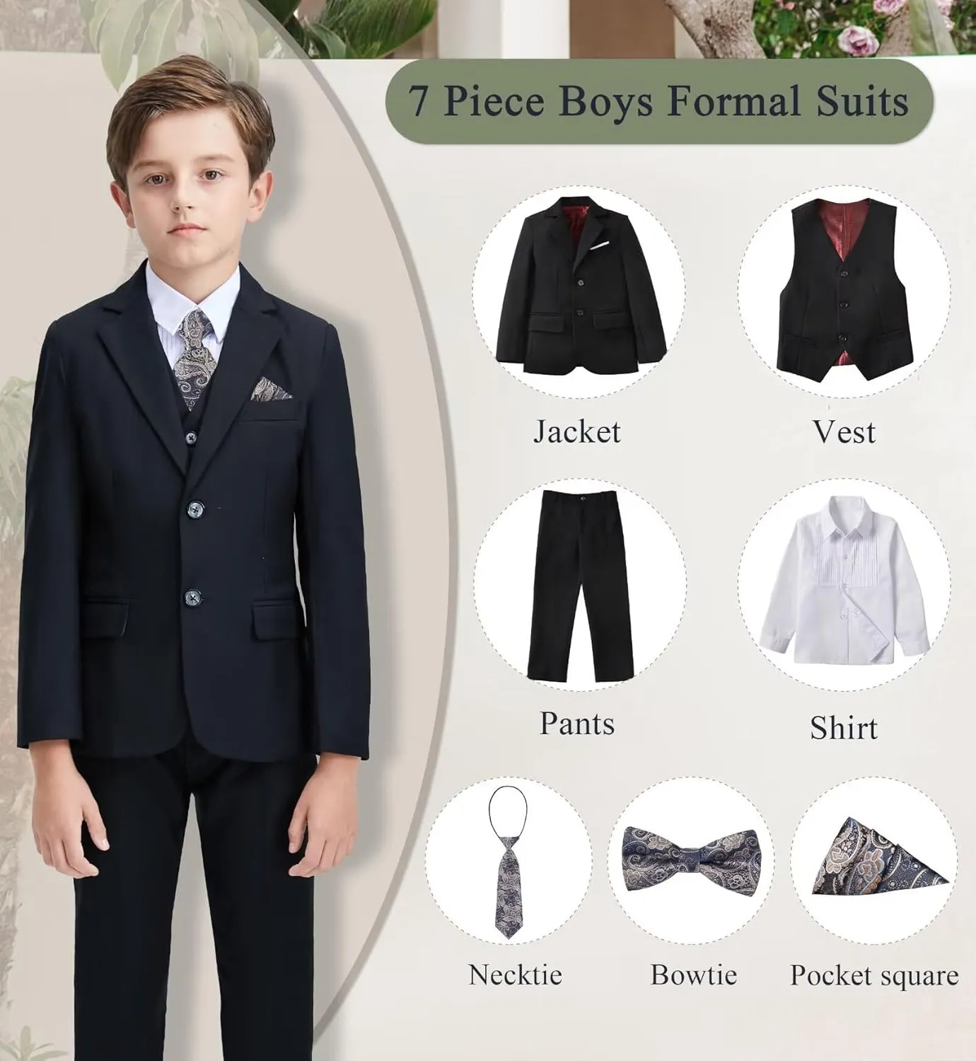 Boys Formal Suit Set Kids Tuxedo Suits for Boys Easter Wedding Outfit with Ties and Pocket Square