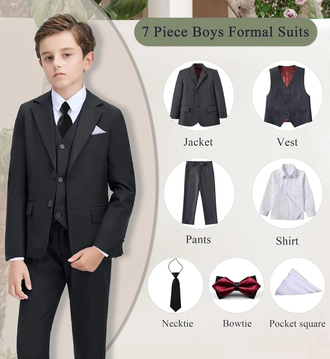 Boys Formal Suit Set Kids Tuxedo Suits for Boys Easter Wedding Outfit with Ties and Pocket Square