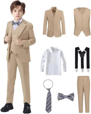 Boys Suits Black Suit for Boy Slim Fit Formal Toddler Kids 7Pcs Vest Dress Pants Blazer Ring Bearer Outfit with Accessory