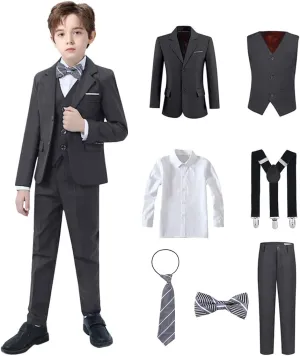 Boys Suits Black Suit for Boy Slim Fit Formal Toddler Kids 7Pcs Vest Dress Pants Blazer Ring Bearer Outfit with Accessory