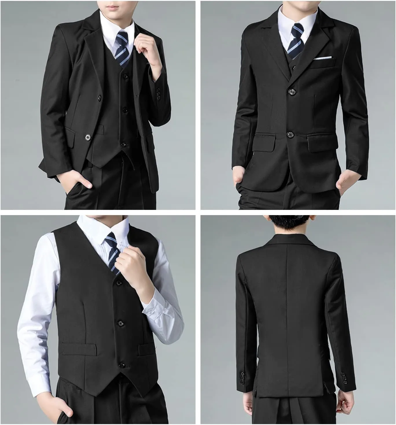 Boys Suits Black Suit for Boy Slim Fit Formal Toddler Kids 7Pcs Vest Dress Pants Blazer Ring Bearer Outfit with Accessory