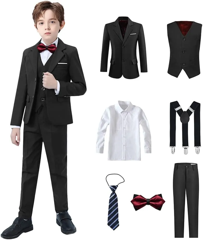 Boys Suits Black Suit for Boy Slim Fit Formal Toddler Kids 7Pcs Vest Dress Pants Blazer Ring Bearer Outfit with Accessory