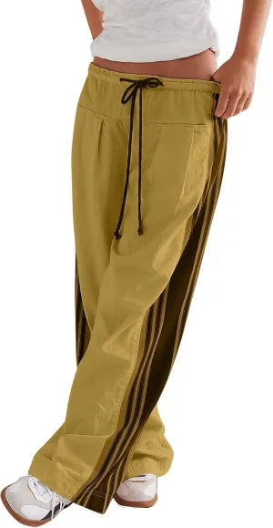 Casual Crayon Striped Pants for Women Drawstring Elastic High Waist Lounge Pant Color Block Baggy Wide Leg Sweatpants