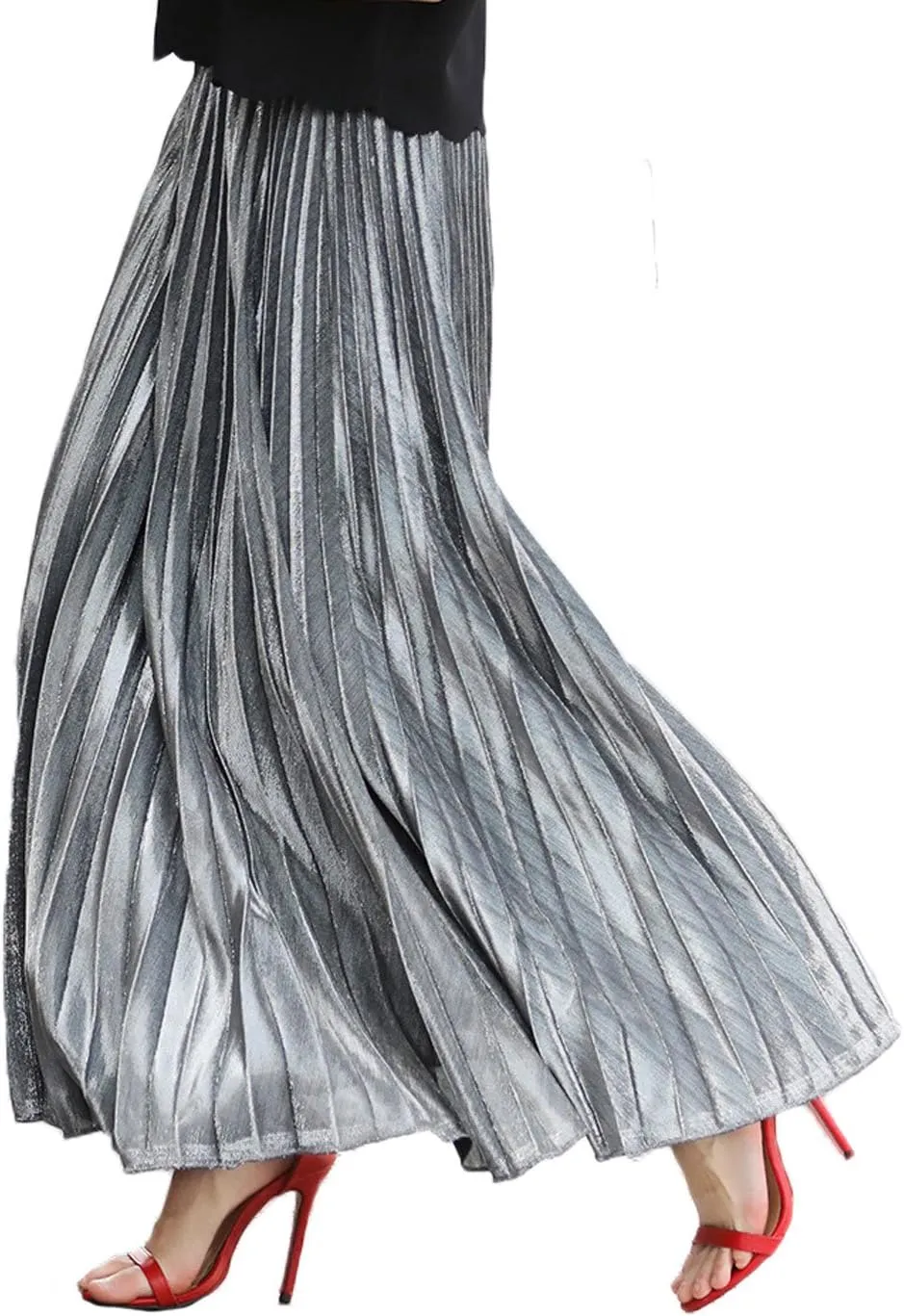 CHARTOU Women's Premium Metallic Shiny Shimmer Accordion Pleated Long Maxi Skirt