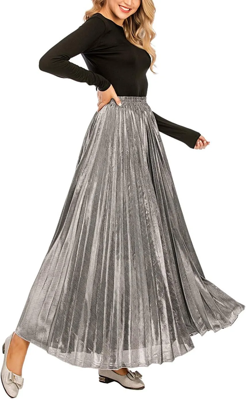 CHARTOU Women's Premium Metallic Shiny Shimmer Accordion Pleated Long Maxi Skirt