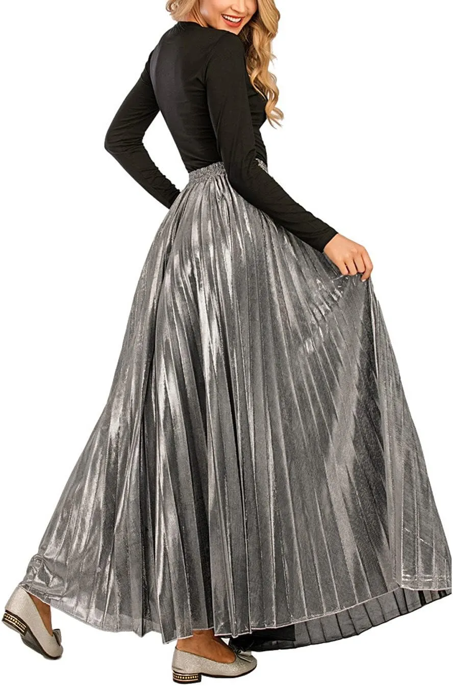 CHARTOU Women's Premium Metallic Shiny Shimmer Accordion Pleated Long Maxi Skirt