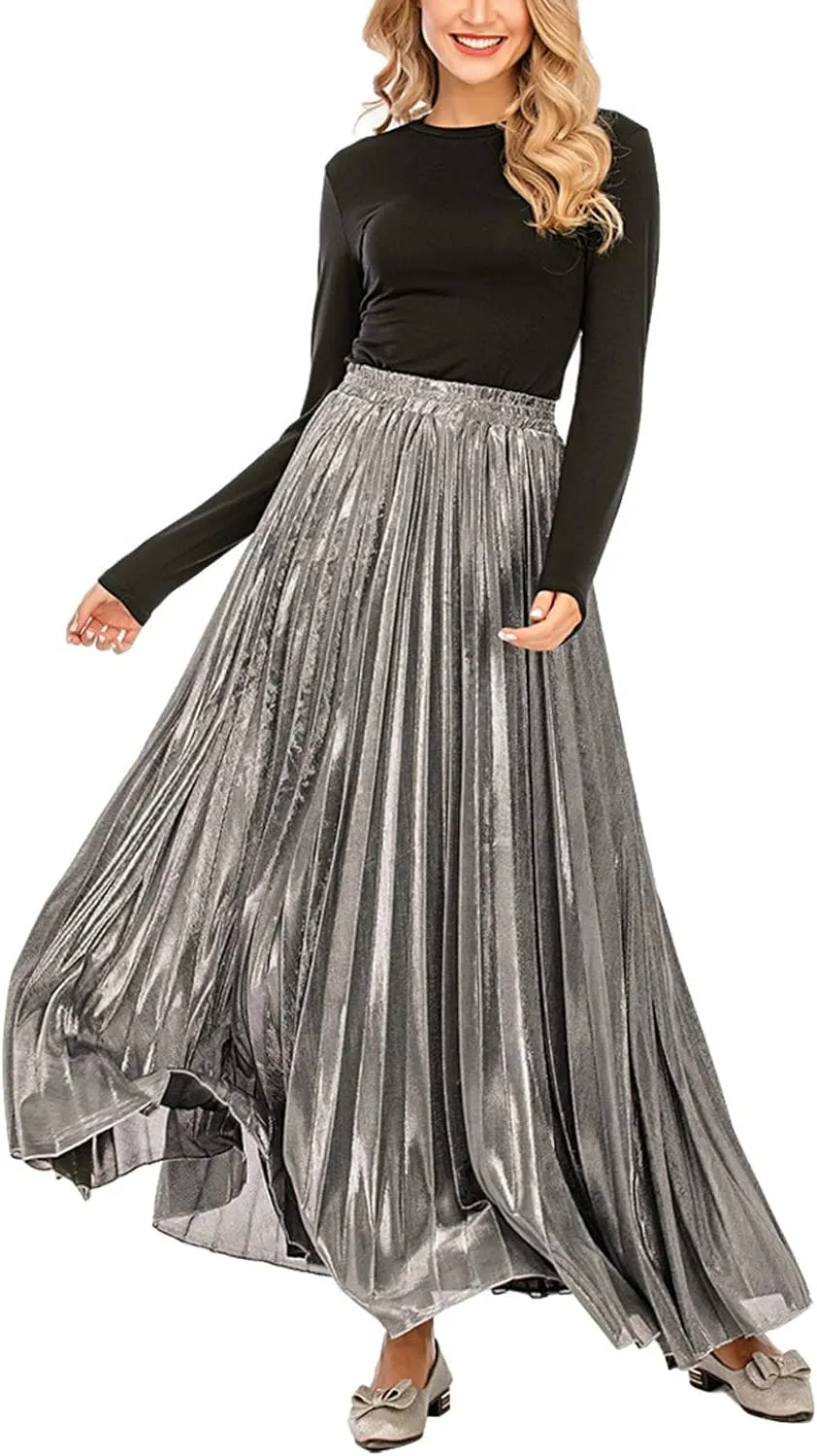 CHARTOU Women's Premium Metallic Shiny Shimmer Accordion Pleated Long Maxi Skirt