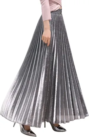 CHARTOU Women's Premium Metallic Shiny Shimmer Accordion Pleated Long Maxi Skirt
