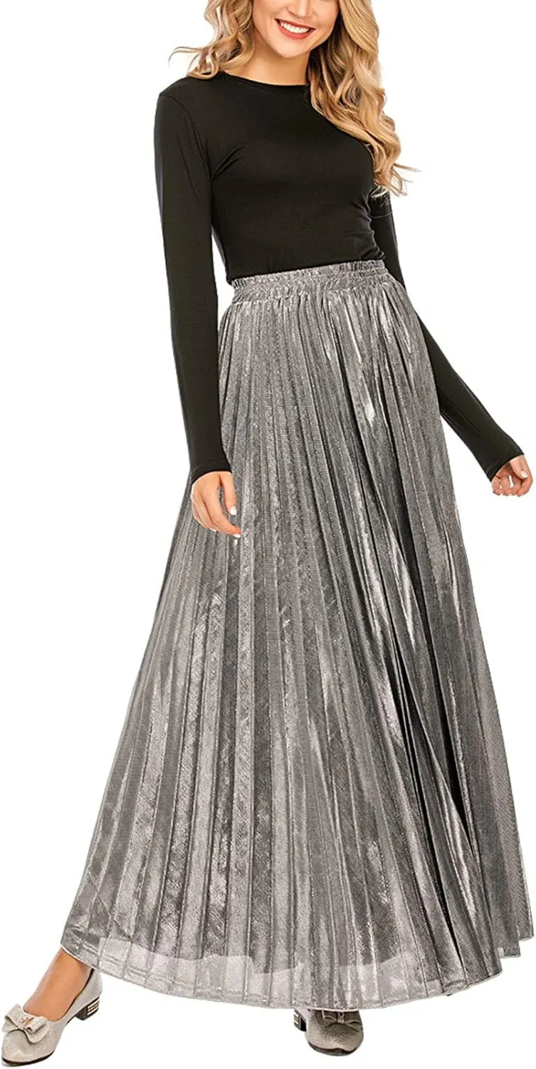 CHARTOU Women's Premium Metallic Shiny Shimmer Accordion Pleated Long Maxi Skirt