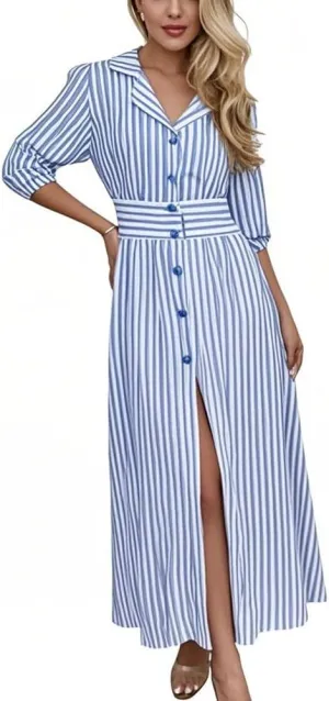 chouyatou Women's Summer 3/4 Sleeve Striped Shirt Dress Elastic High Waisted Beach Maxi Long Button Down Dress