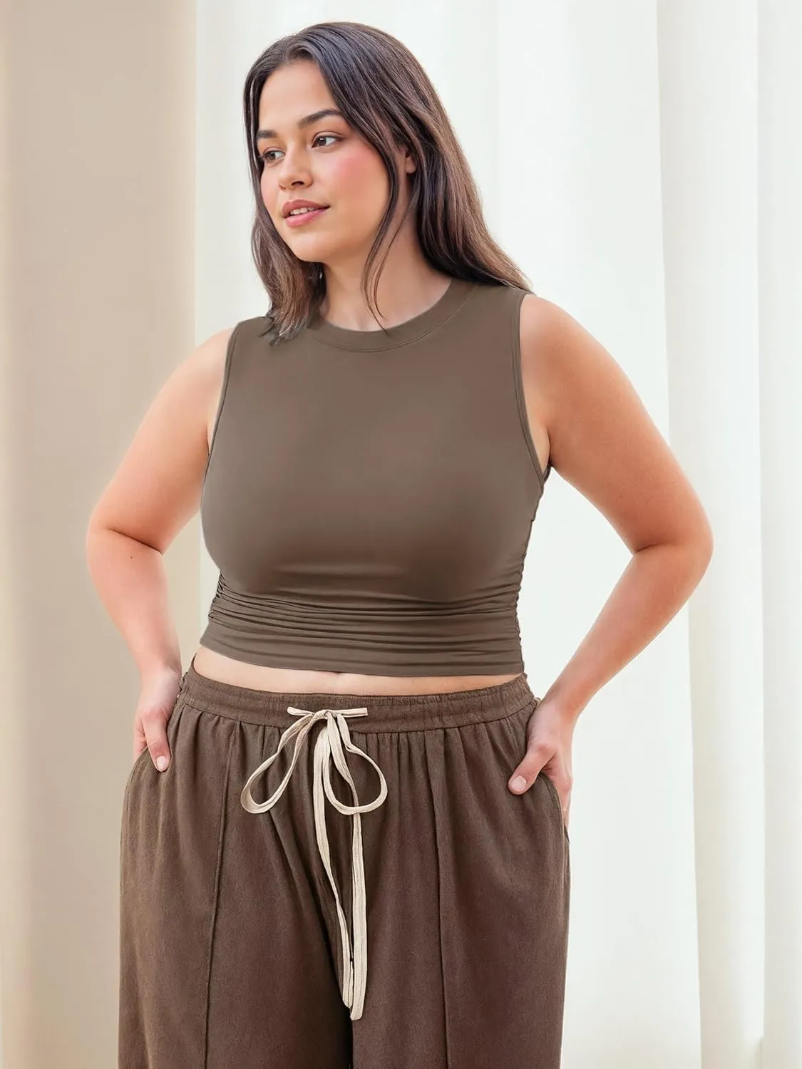 CIDER Plus Size Tops for Women Sleeveless Ruched Crew Neck Crop Tank Top Summer Casual Outfits