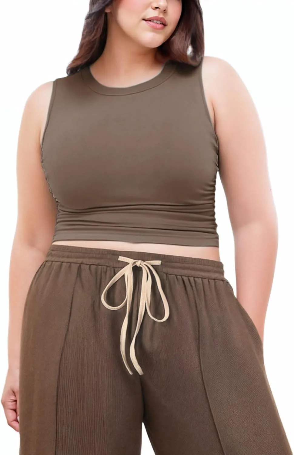 CIDER Plus Size Tops for Women Sleeveless Ruched Crew Neck Crop Tank Top Summer Casual Outfits