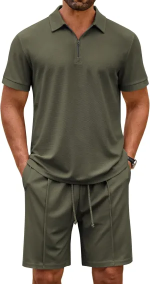 COOFANDY Men's Track Suits 2 Piece Set Quarter Zip Polo Shirt and Shorts Set Summer Casual Outfits