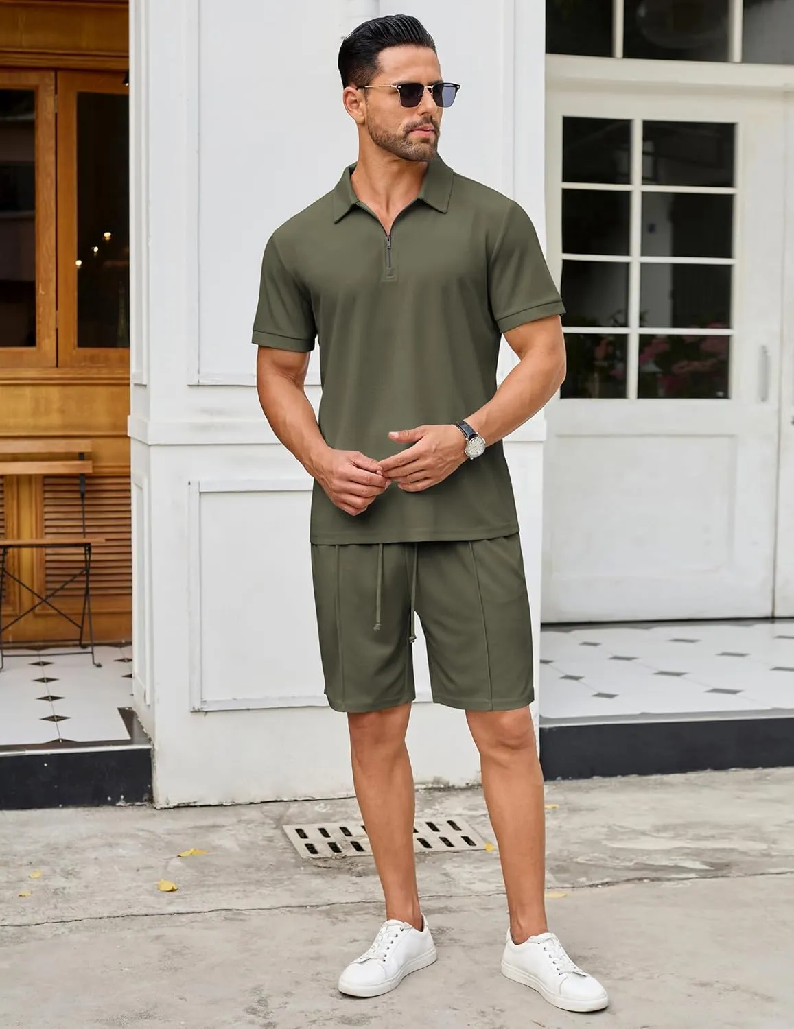 COOFANDY Men's Track Suits 2 Piece Set Quarter Zip Polo Shirt and Shorts Set Summer Casual Outfits