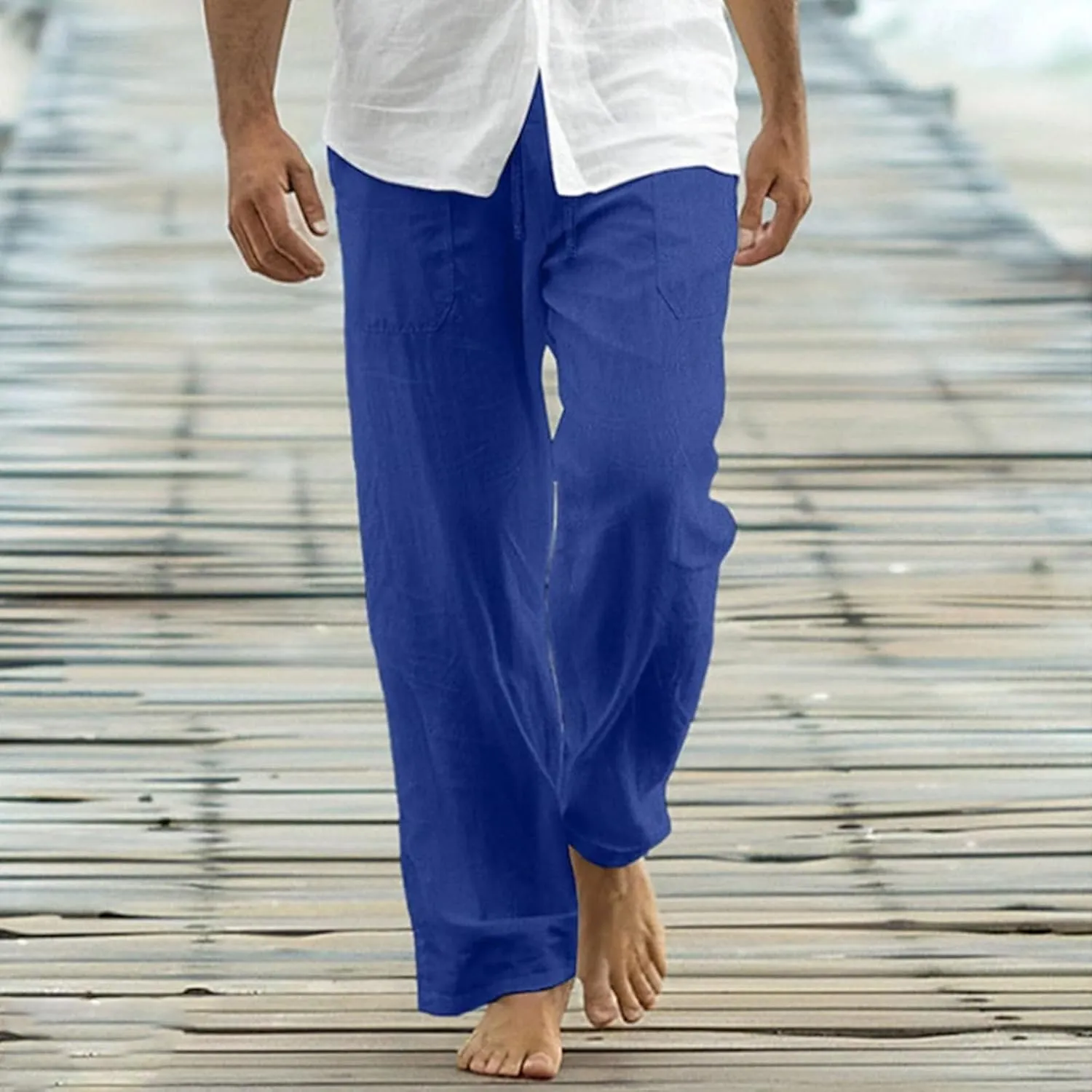 Cotton Linen Pants Men Casual Loose Fit Elastic Drawstring Waist Wide Leg Pant Lightweight Summer Beach Pants Pockets
