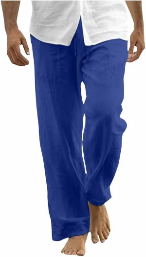 Cotton Linen Pants Men Casual Loose Fit Elastic Drawstring Waist Wide Leg Pant Lightweight Summer Beach Pants Pockets