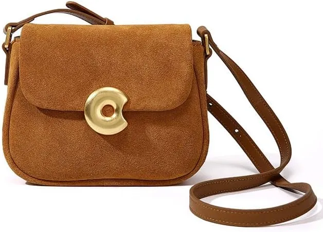 Cowhide Small Bag Small Square Bag Women's Fashion Design French Retro Texture Frosted Velvet Commuter Bag(Brown)