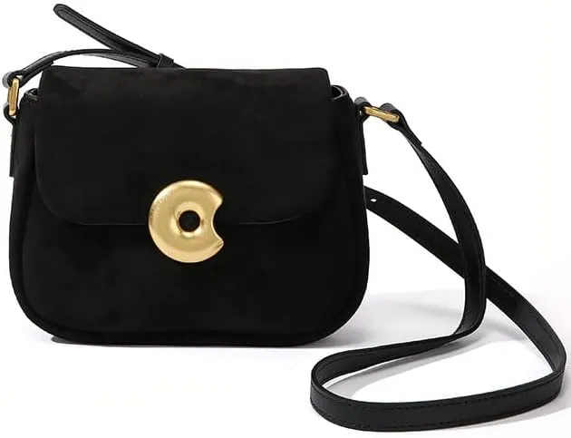 Cowhide Small Bag Small Square Bag Women's Fashion Design French Retro Texture Frosted Velvet Commuter Bag(Brown)