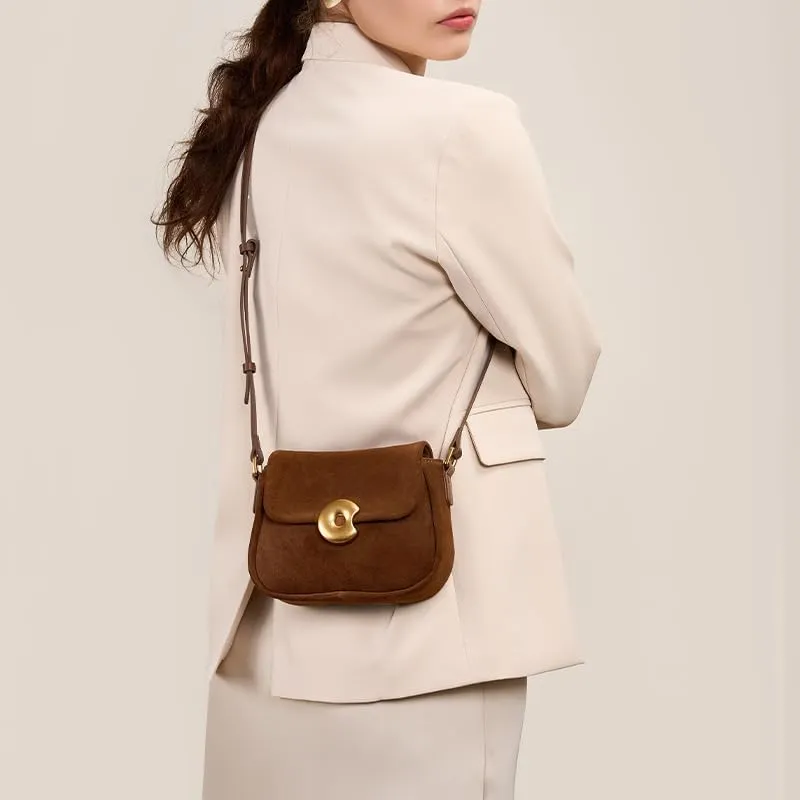 Cowhide Small Bag Small Square Bag Women's Fashion Design French Retro Texture Frosted Velvet Commuter Bag(Brown)
