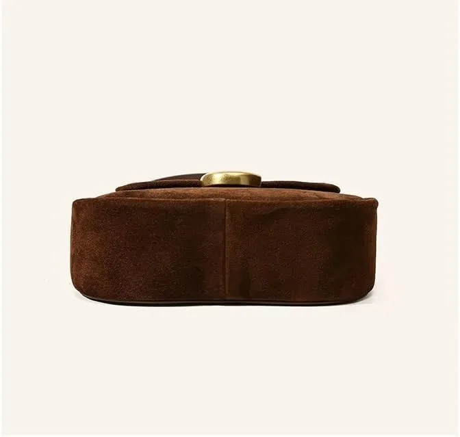 Cowhide Small Bag Small Square Bag Women's Fashion Design French Retro Texture Frosted Velvet Commuter Bag(Brown)