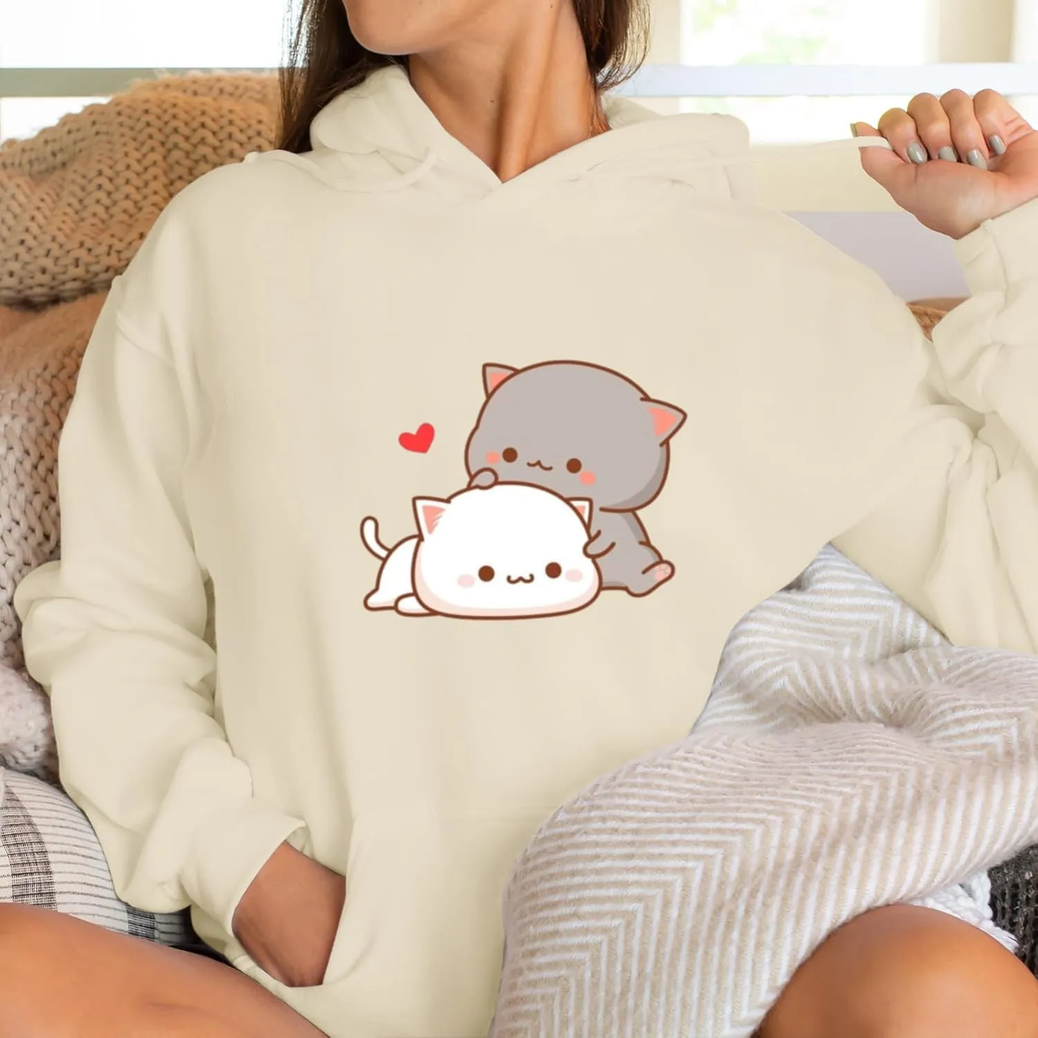 Cute Cat Graphic Hoodies Aesthetic Hooded Sweatshirts for Teen Girls Kawaii Cartoon Anime Lightweight Pullover Tops