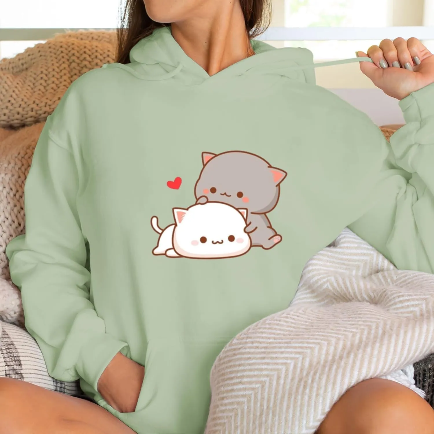 Cute Cat Graphic Hoodies Aesthetic Hooded Sweatshirts for Teen Girls Kawaii Cartoon Anime Lightweight Pullover Tops