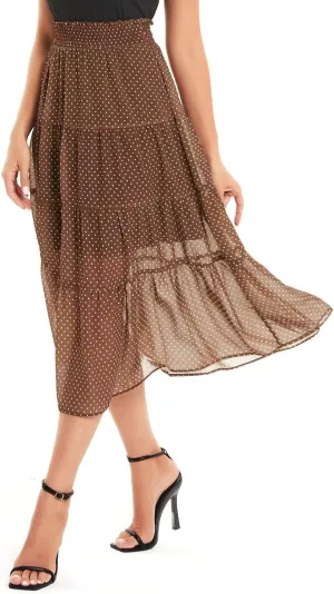 DIASHINY Women's High Waist Polka Dot Causal Solid A-Line Midi Long Skirts