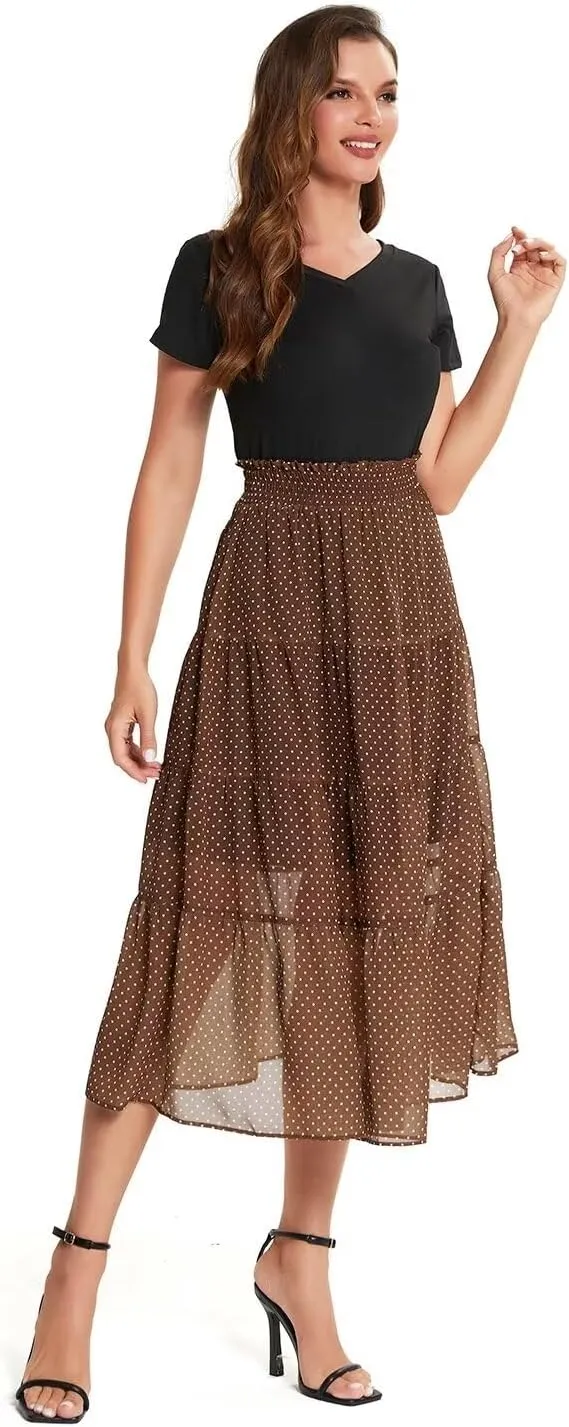 DIASHINY Women's High Waist Polka Dot Causal Solid A-Line Midi Long Skirts