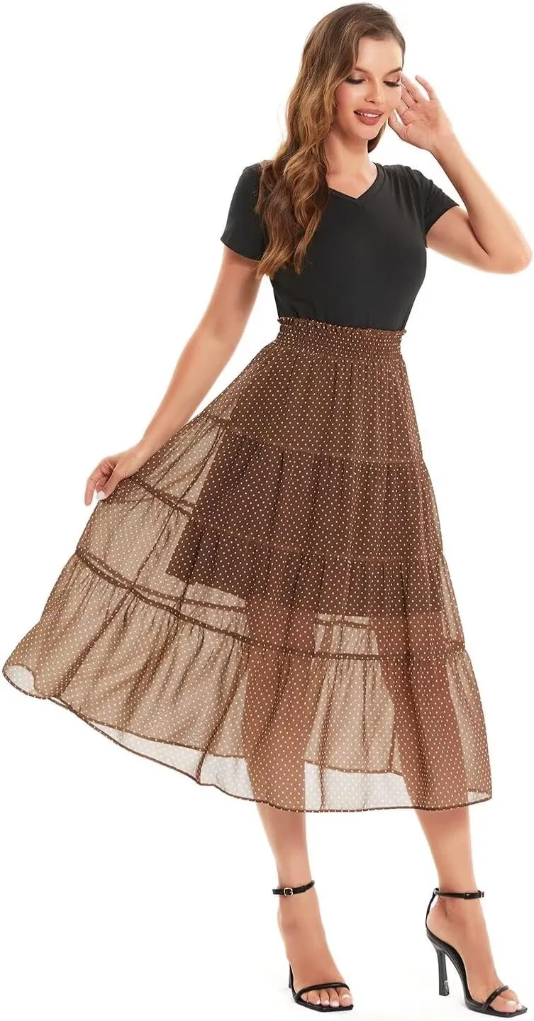 DIASHINY Women's High Waist Polka Dot Causal Solid A-Line Midi Long Skirts