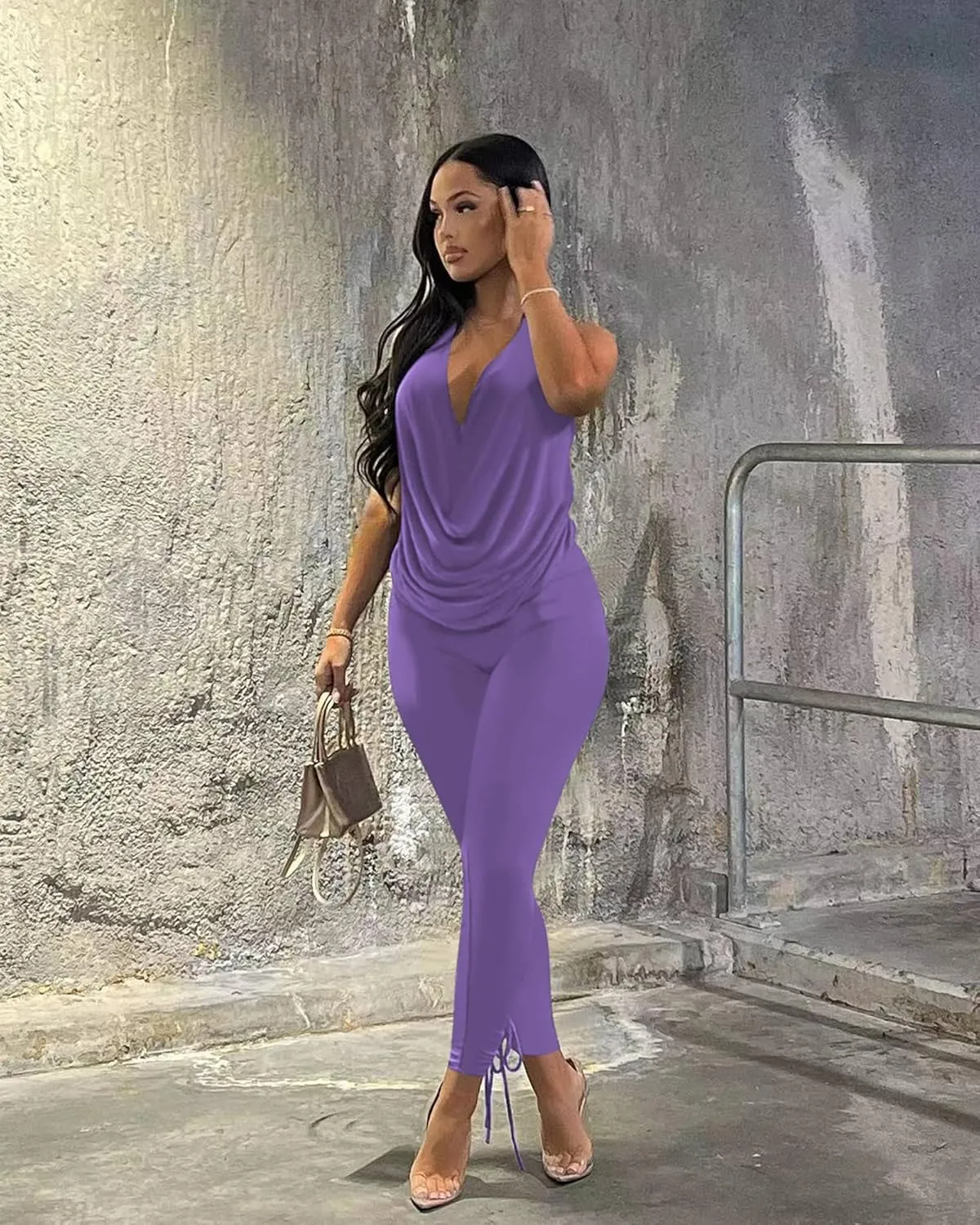 Doweha Women's Sexy Summer Two Piece Outfits Sleeveless Backless Deep V Neck Tank Tops And High Waisted Pants Matching Sets